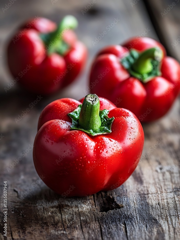 Poster fresh and vibrant red bell peppers on a rustic wooden table for culinary delight : generative ai