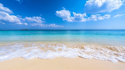 Obraz premium Beautiful beach scenery with clear turquoise water and soft sand under a bright blue sky : Generative AI