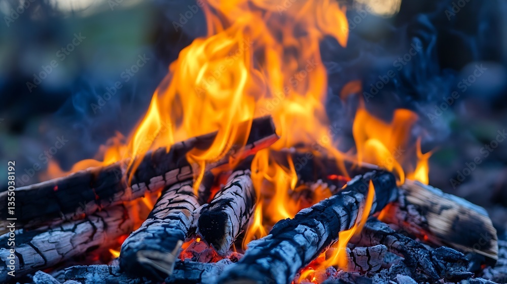 Leinwandbilder Glowing flames and burning logs creating a mesmerizing fire display ideal for camping themes : Generative AI
