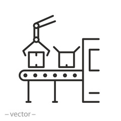 production icon, industrial robots, assembly line, thin line symbol on white background - editable stroke vector illustration eps10