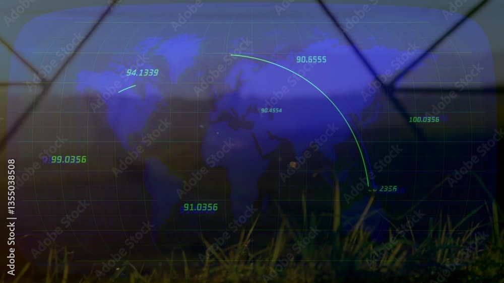 Poster world map animation with coordinates and lines over grassy field background