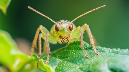 Fototapeta premium Green Insect with Antennas and Sharp Claws on a Leaf