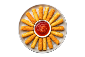 Tempting plate of crispy fried mozzarella sticks served with dipping ketchup isolated on a transparent background png.