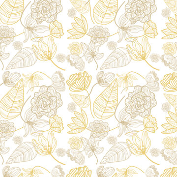 Pattern elegante con fiori e foglie dorate, per cartoline, matrimonio
