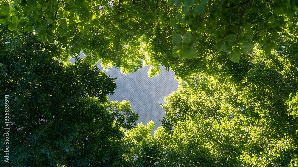 Poster aerial view of lush green treetops creating a natural frame for a bright blue sky : generative ai