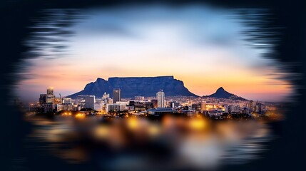 Stunning panoramic evening view of Cape Town city skyline with iconic Table Mountain : Generative AI