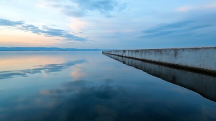 Peaceful Waterfront with Calm Reflections and Distant Horizon at Twilight : Generative AI