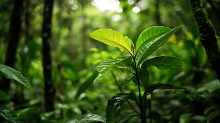 Fototapeta premium Lush green leaves captured in a dense tropical forest with a soft light filtering through creating an enchanting ambiance : Generative AI