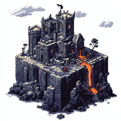 Naklejka premium Isometric Pixel Art Castle Perched on Rocky Cliff with Lava Flow