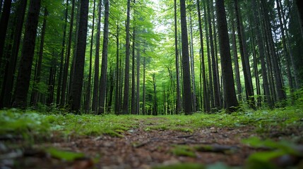 Obraz premium Lush Green Forest Path Surrounded by Tall Trees Under a Bright Sky in Tranquil Nature : Generative AI