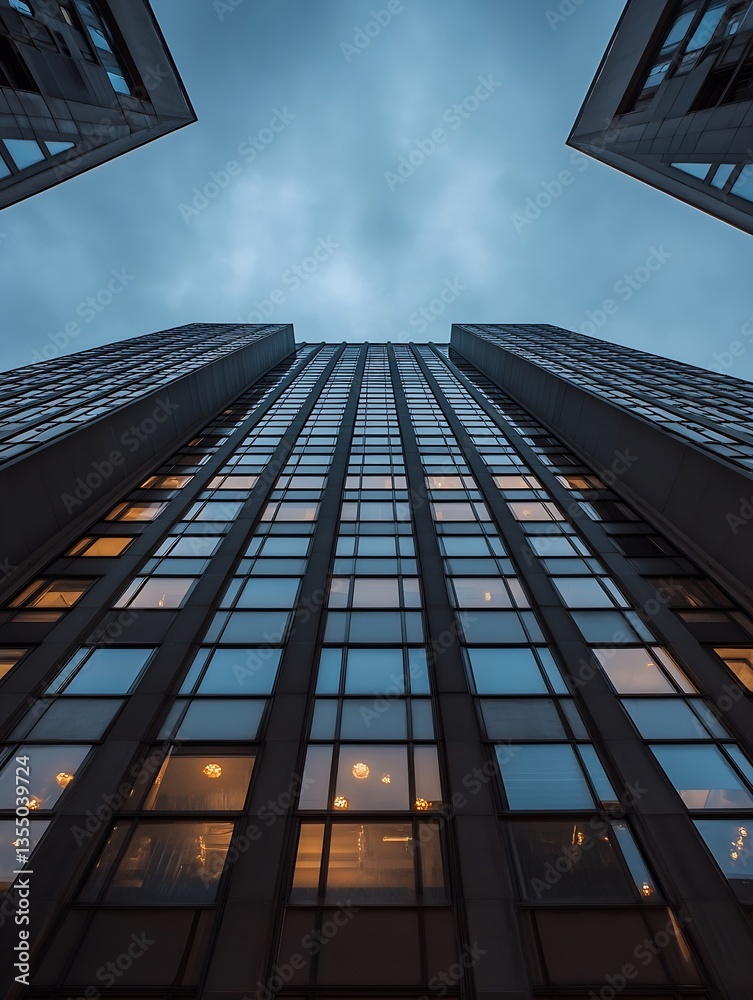 Aufkleber Dramatic upward view of modern skyscrapers against a moody sky creating a sense of scale : Generative AI