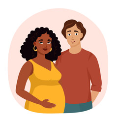 Pregnant brown woman standing with white father. Parents couple expecting for a baby. Pregnancy and care
