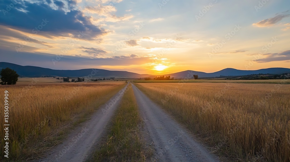 Poster beautiful sunset over a serene rural landscape with golden fields and distant mountains : generative