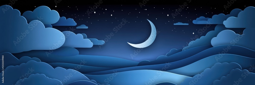 Poster dreamy moonlit landscape with a crescent moon and layers of tranquil clouds in a surreal blue gradie