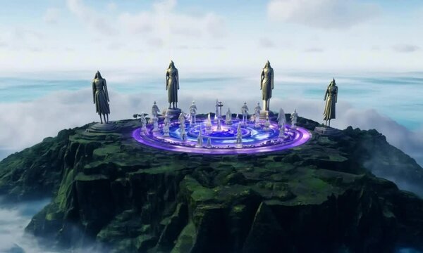 A massive floating island, hidden in the clouds, serves as a meeting place for celestial gods. Towering statues carved from cosmic stone watch over the divine council