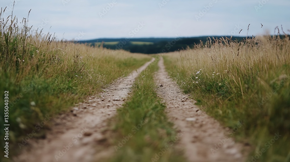Poster scenic dirt pathway winding through lush green fields under an overcast sky on a tranquil day : gene