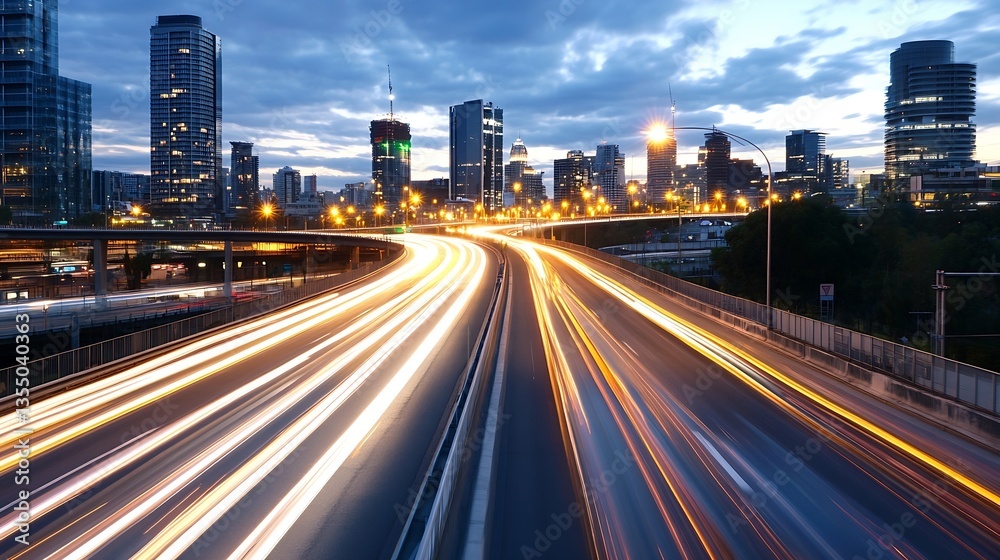 Poster illuminated city skyline at twilight with light trails of moving cars creating a dynamic urban atmos