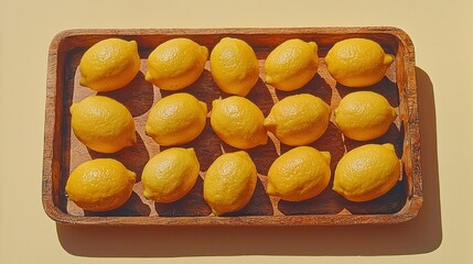 Sunlit lemons arranged in wooden tray on beige