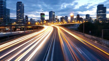 Obraz premium Illuminated city skyline at twilight with light trails of moving cars creating a dynamic urban atmosphere : Generative AI