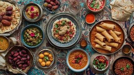 Fototapeta premium A beautifully set table with traditional Ramadan dishes, including dates, samosas, and lentil soup, ready for Iftar.