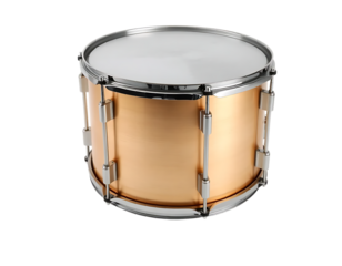Close-up of a gold snare drum isolated on a transparent background.