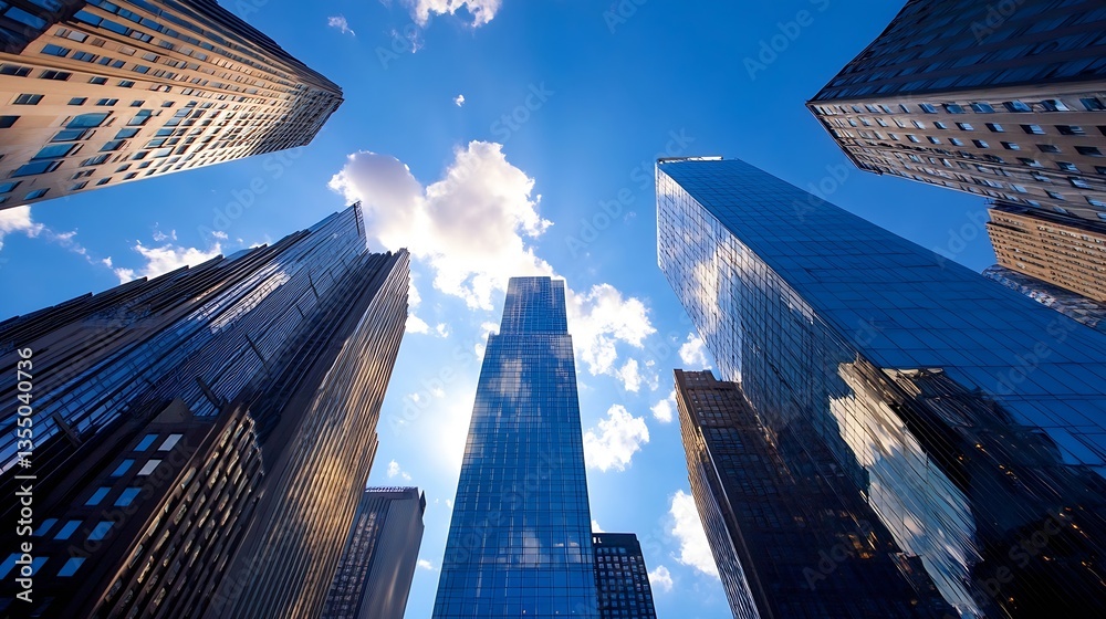 Poster dramatic view of skyscrapers reaching the blue sky with clouds in an urban environment : generative 