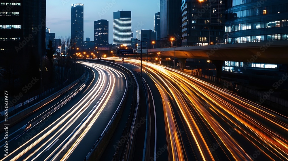 Aufkleber dynamic night cityscape with flowing light trails on a busy highway and modern skyline of buildings 