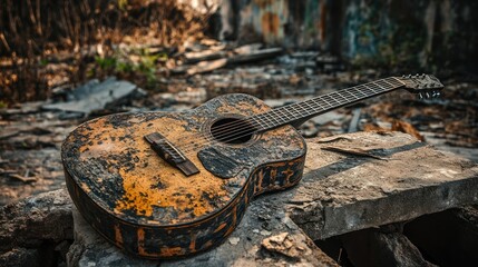 A weathered acoustic guitar amidst rubble