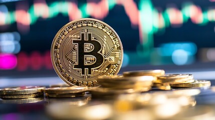 Shiny gold bitcoin placed on a reflective surface with stock market charts in the background focusing on cryptocurrency : Generative AI