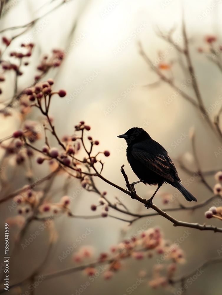 Poster Majestic black bird perched elegantly among delicate berry branches creating a serene nature scene : Generative AI