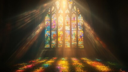 Radiant stained glass window, illuminating a church