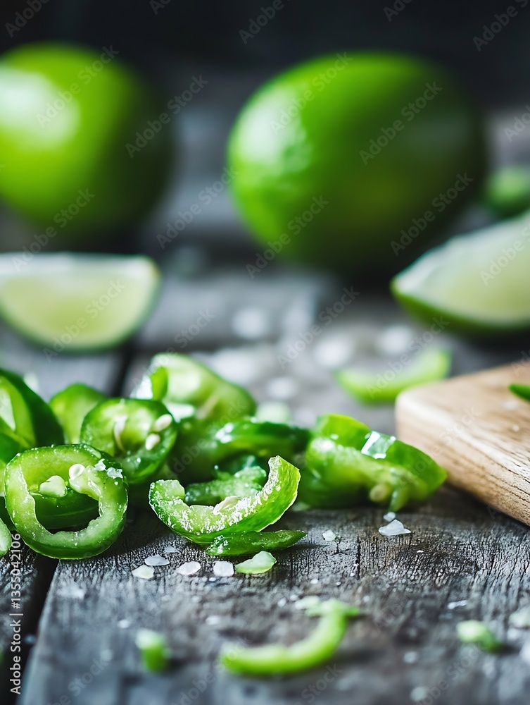 Poster freshly cut green jalapenos and lime wedges on rustic wooden board for a zesty flavor burst in meals