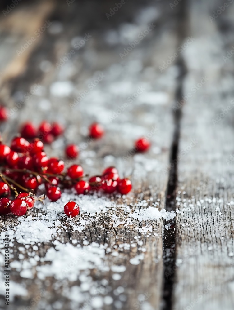 Aufkleber vibrant red berries scattered on a rustic wooden table with salt creating a beautiful food scene : g