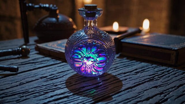 A mystical potion bottle glows with colorful light on a wooden table, surrounded by books and candles. Low-angle shot, fantasy video concept.