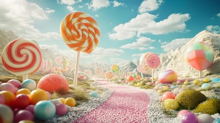 A surreal fantasy landscape with candy mountains and giant lollipop trees against a clear sky. The pastel-colored path is adorned with candy, creating an imaginative and whimsical world perfect for a