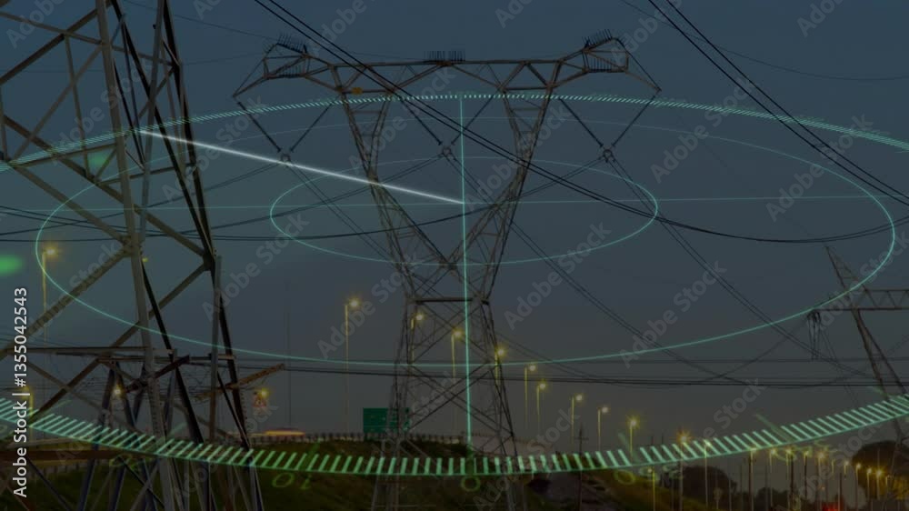 Poster digital data processing animation overlaying power lines in technology scene