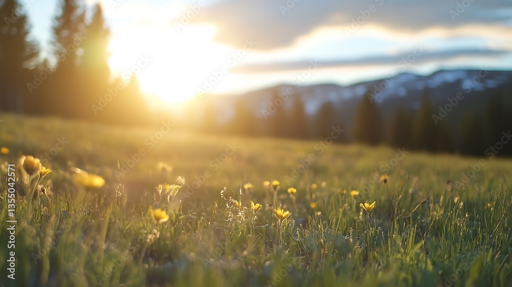 Poster golden sunlight illuminating a field of delicate flowers creating a captivating springtime landscape