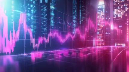 Fototapeta premium A visually stunning image combining a glowing stock market chart with an urban cityscape in the background. The vibrant pink and blue lines highlight market trends, offering a futuristic take on