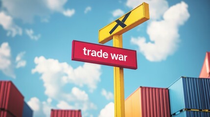 Obraz premium Trade War Conceptual Image: Shipping Containers and Directional Signs Representing Global Trade Conflicts