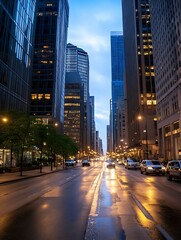 City street captured at dusk with illuminated buildings and wet pavement reflecting lights : Generative AI