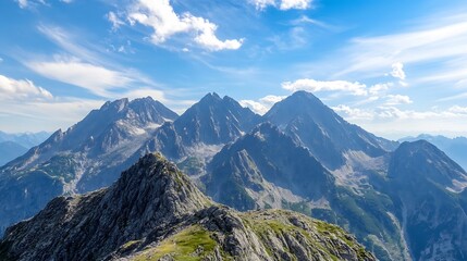 Fototapeta premium Stunning mountain landscape showcasing majestic peaks under a wide blue sky with scattered clouds : Generative AI