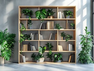 A modern bookshelf featuring plants as a decorative element for virtual office and studio backgrounds