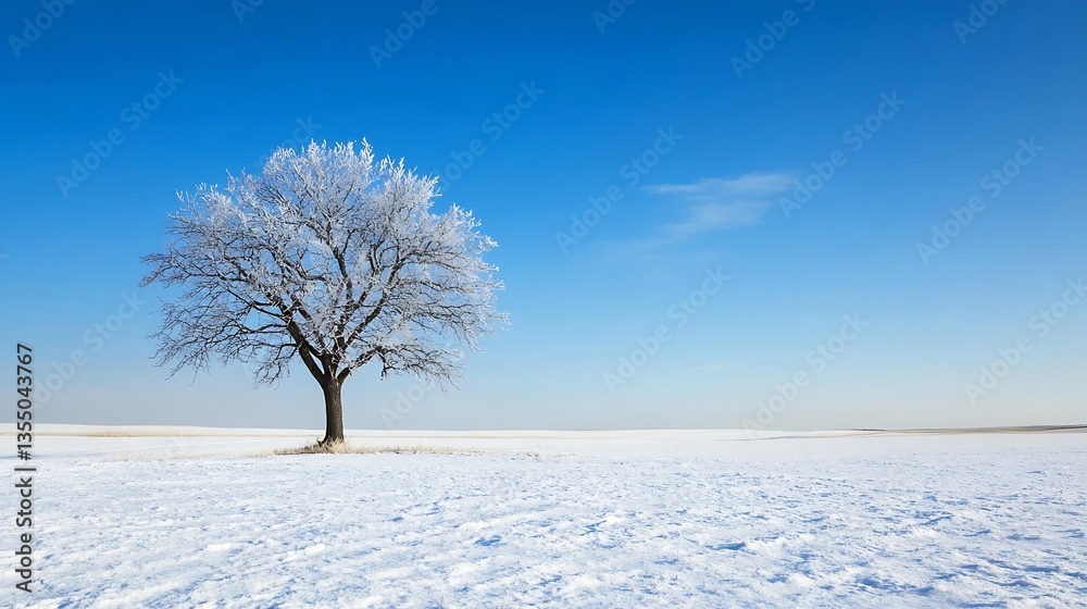 Poster lonely tree standing alone on a snowy field under a bright blue sky in winter : generative ai