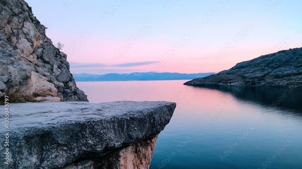 Poster serene lakeside view at dusk with rocky cliffs and pastel sky reflections : generative ai