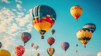 Obraz premium Colorful hot air balloons ascend against a vibrant sky background suitable to your brand and more