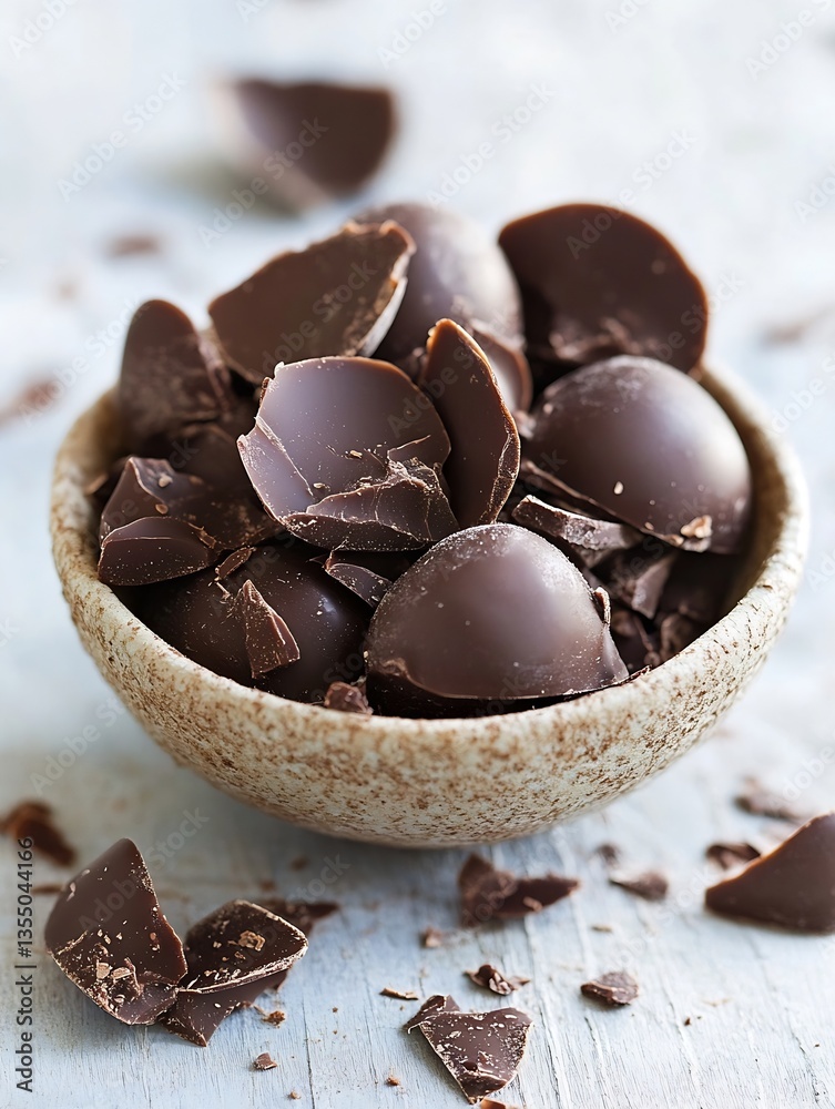 Poster Artistic representation of broken dark chocolate pieces in a rustic bowl on a light background : Generative AI