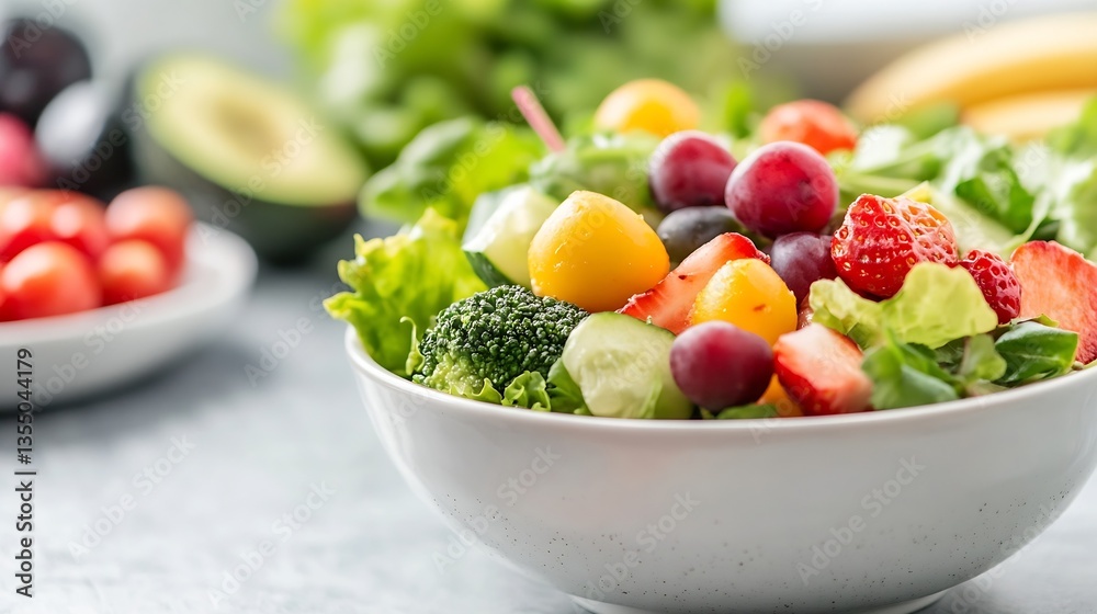 Aufkleber fresh and vibrant salad bowl full of colorful vegetables and fruits displayed on a light kitchen cou