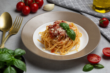 Pasta Penne Bolognese in white plate on light background. Bolognese sauce is classic Italian cuisine dish. Popular Italian food.