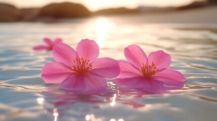 Pink flowers floating sunset ocean calm beach