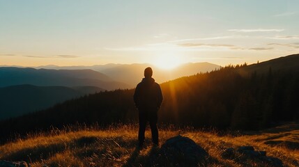 Silhouetted figure standing on hilltop enjoying sunset view over majestic mountain ranges : Generative AI